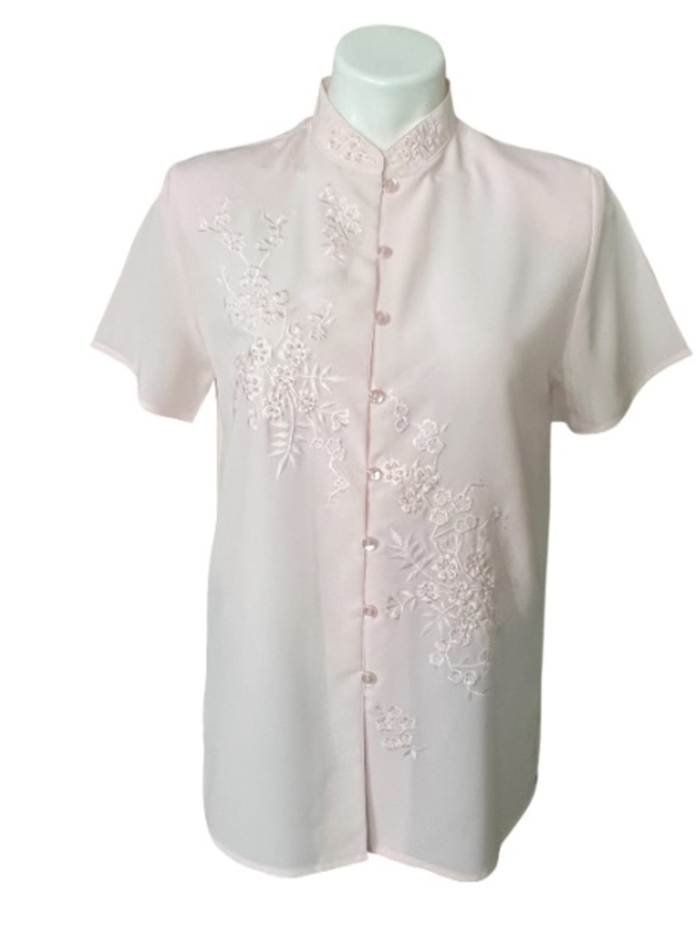 Pink Embroidered Pearl Blouse Vintage Cottagecore Floral Size 8